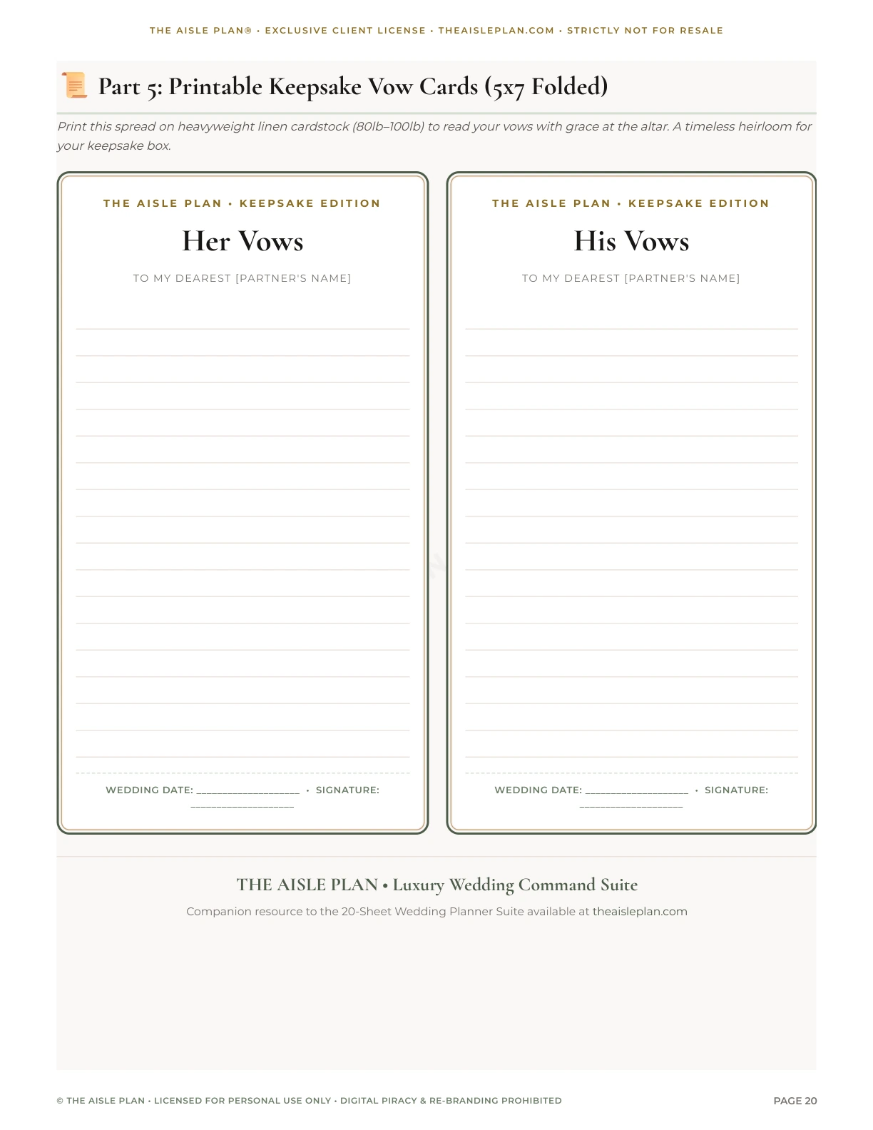 Printable 5x7 elegant vow card templates for ceremony delivery